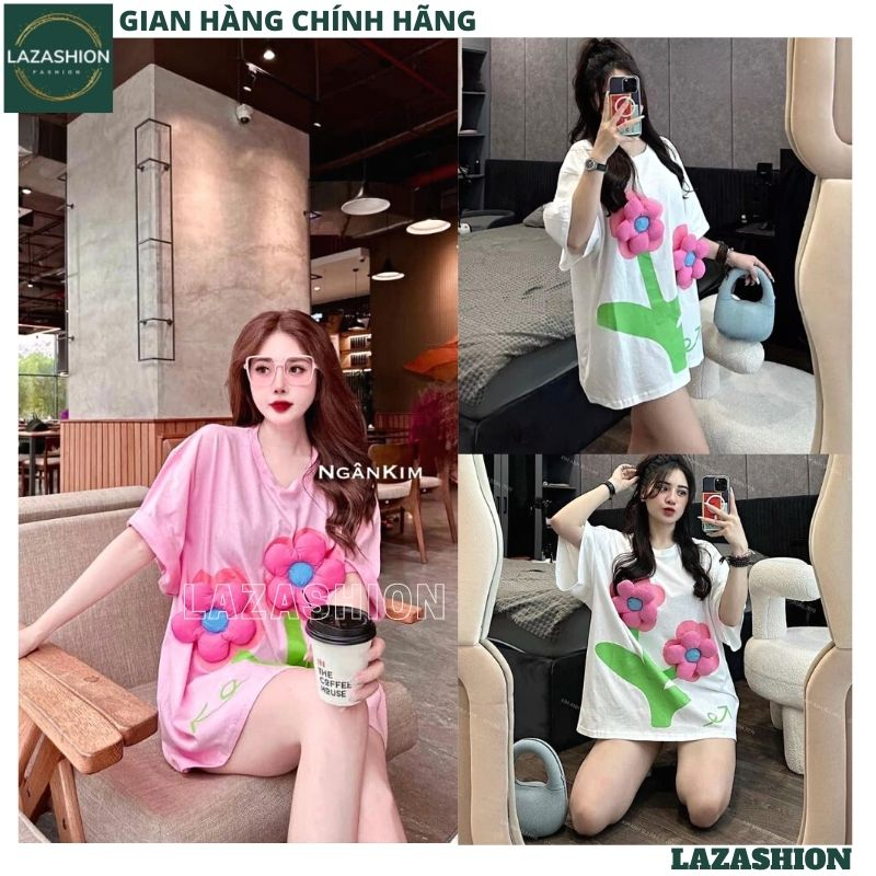 Áo thun nữ tay lỡ đính 2 hoa nhỏ dáng rộng thoải mái, Áo phông chất cotton dày dặn họa tiết hoa phồng điệu đà - LAZA