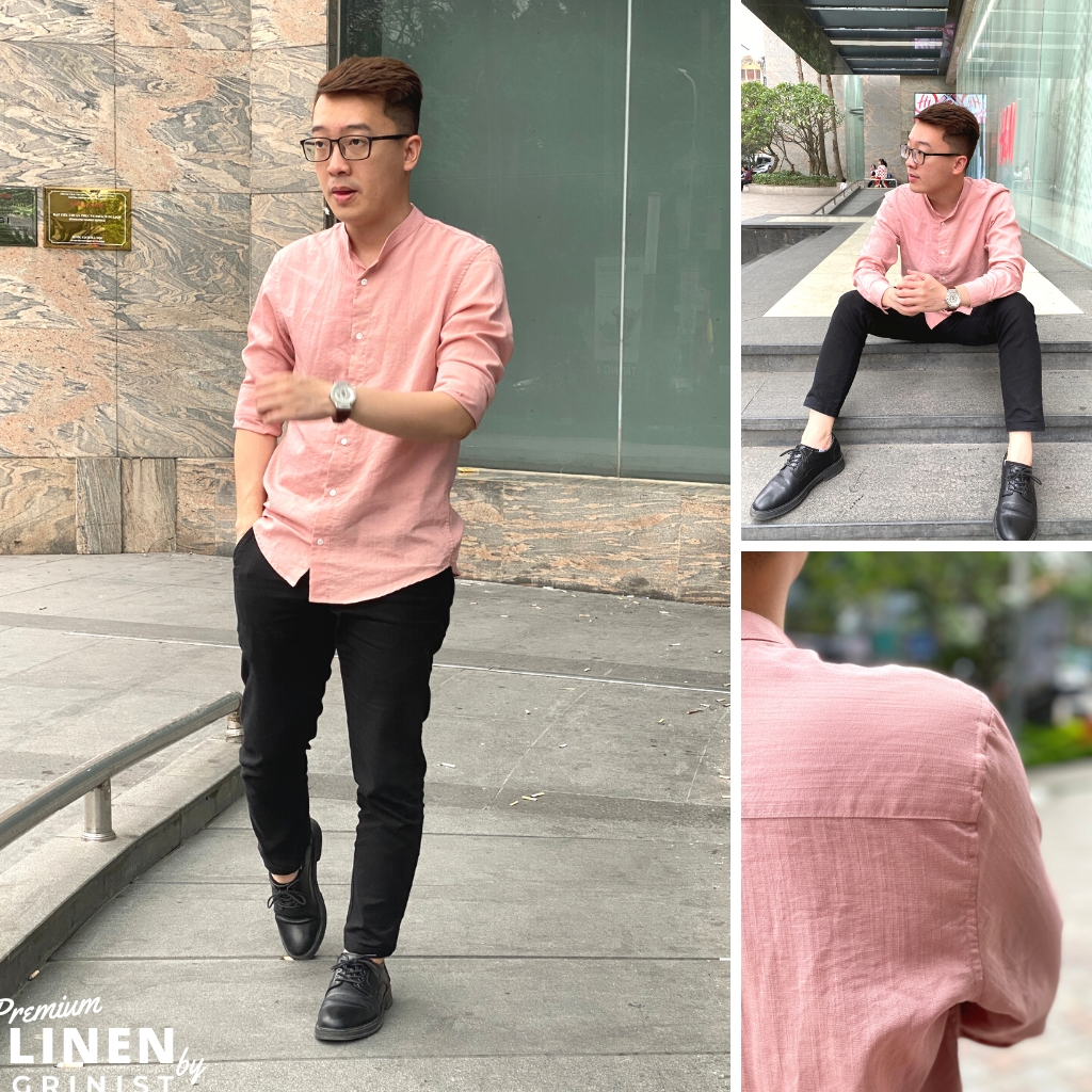 ÁO SƠ MI NAM - GRINIST - Màu Hồng Phấn Cổ Tàu Premium Linen