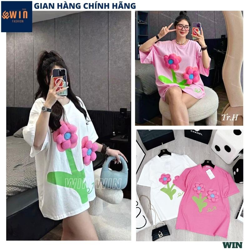 Áo thun nữ tay lỡ đính 2 hoa nhỏ dáng rộng thoải mái, Áo phông chất cotton dày dặn họa tiết hoa phồng điệu đà - WIN