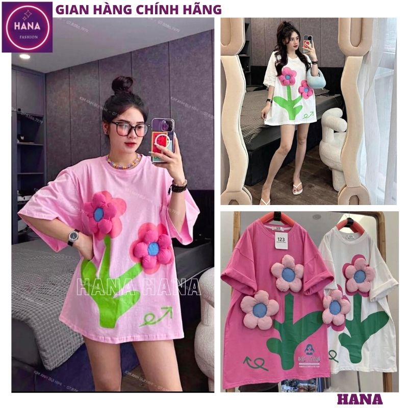 Áo thun nữ tay lỡ đính 2 hoa nhỏ dáng rộng thoải mái, Áo phông chất cotton dày dặn họa tiết hoa phồng điệu đà - HANA