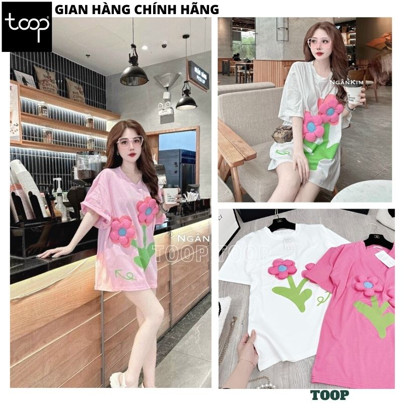 Áo thun nữ tay lỡ đính 2 hoa nhỏ dáng rộng thoải mái, Áo phông chất cotton dày dặn họa tiết hoa phồng điệu đà - TOOP