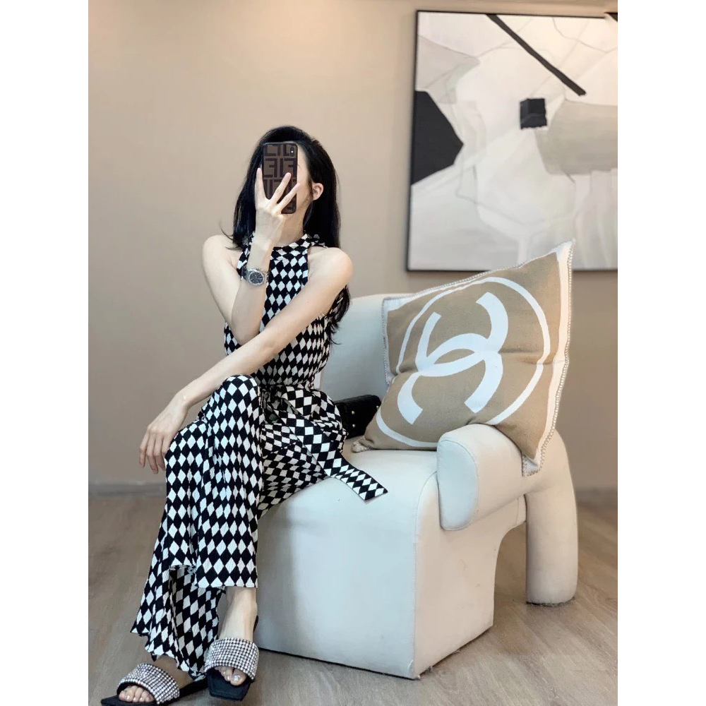 jum kẻ đen trắng cổ yếm sang chảnh 1557