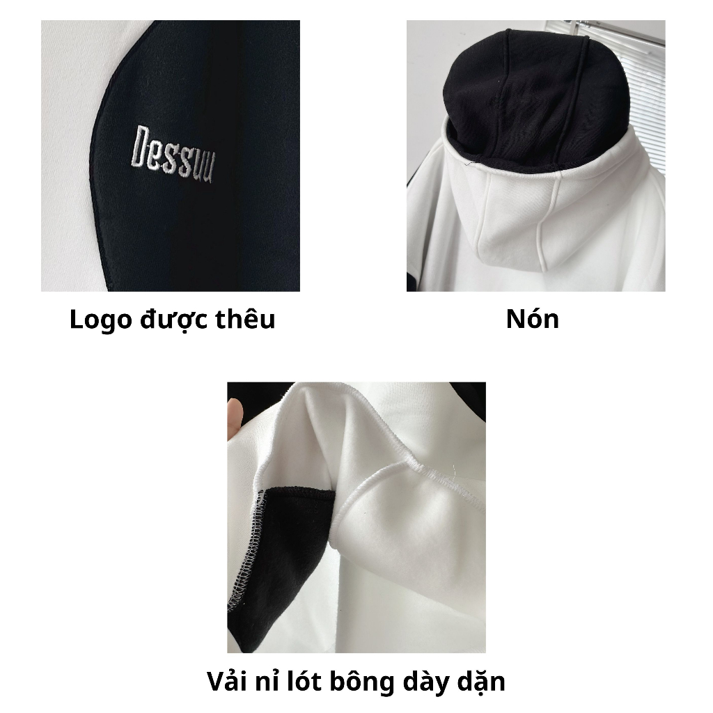 Áo khoác hoodie DESSUU nỉ bông dày dặn nút bấm trắng phối đen form rộng unisex nam nữ - Toki Store