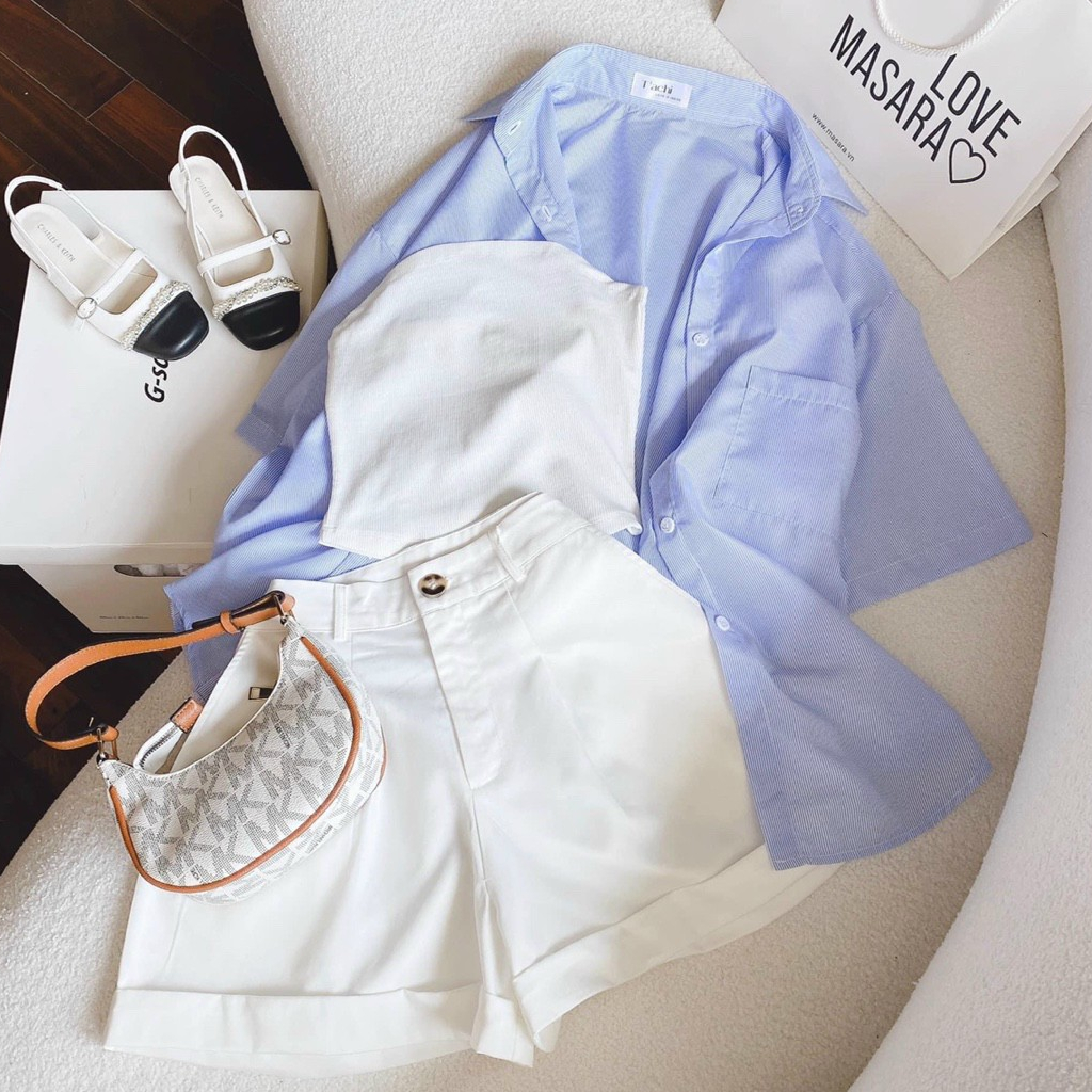 [HÌNH THẬT] Sét sơ mi đùi 3 món đi biển,áo sơ mi tay ngắn kèm lót mix quần shooc siêu xinh