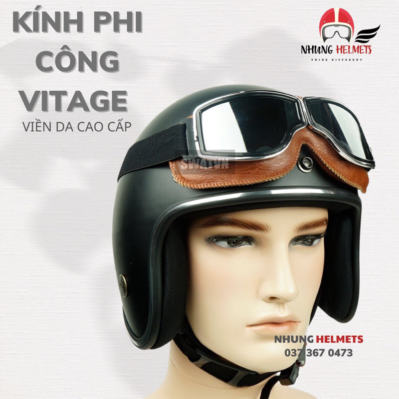 Kính Phi Công Vintage Viền Da Cao Cấp Gắng Mũ Bảo Hiểm