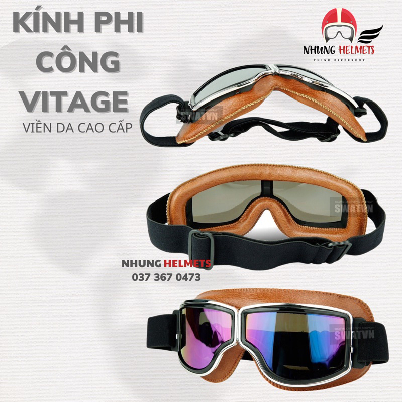 Kính Phi Công Vintage Viền Da Cao Cấp Gắng Mũ Bảo Hiểm