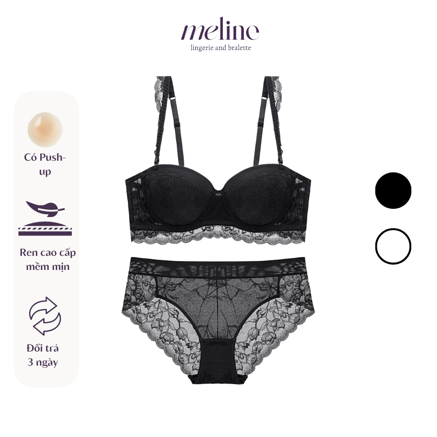 Bộ Đồ Lót Cao Cấp Ren Có Gọng, Có Mút Độn Co Giãn Helen Set Đen Meline gợi cảm