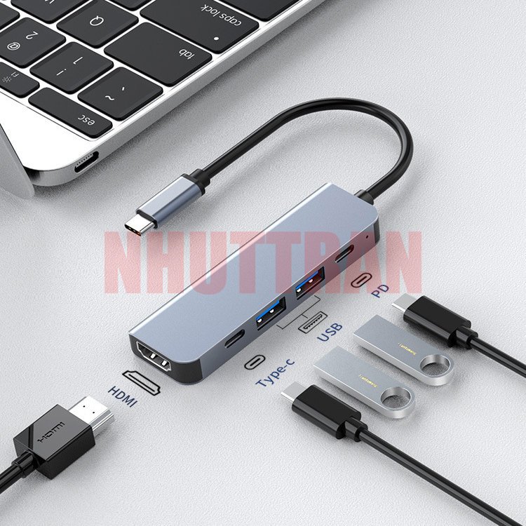 Cổng chia/ Hub USB Type C ra HDMI 4K, Type C, USB x 2, PD 100w 5 in 1 kết nối đa năng cho máy tính laptop và pc