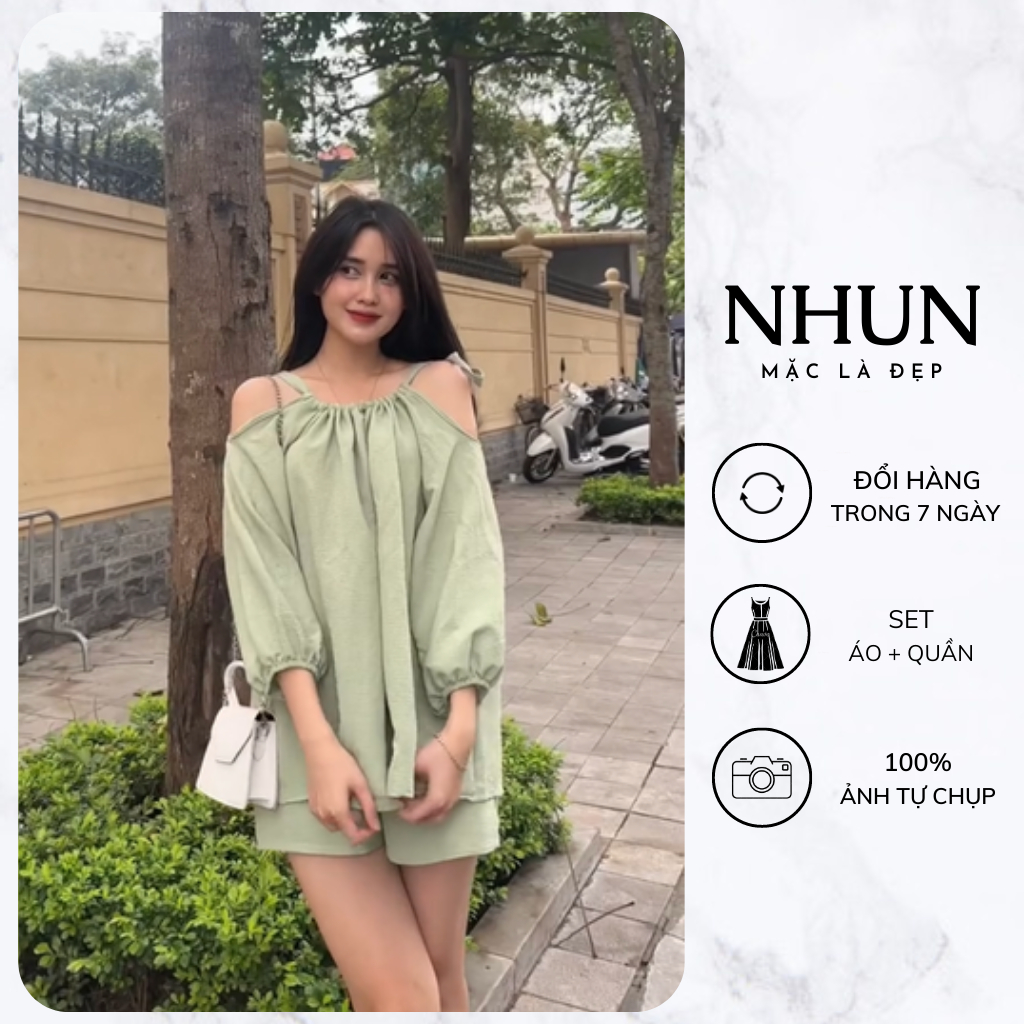 Set áo khoét vai tay lỡ kèm quần short NhunFashion Bộ đồ nữ chất xốp gân thoáng mát cho ngày hè N100