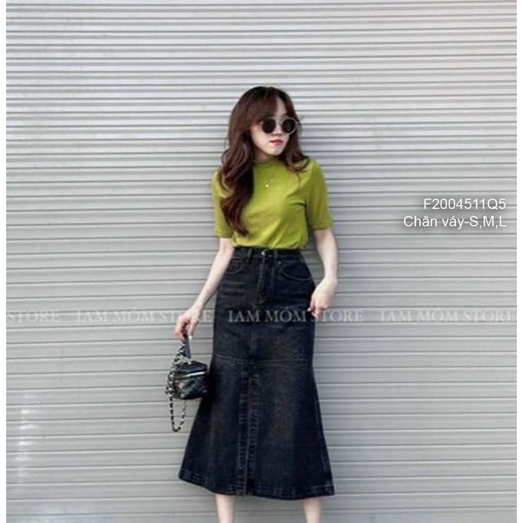 Chân váy jean dài xẻ kèm dây rút chuẩn dáng hàng sẵn giao ngay