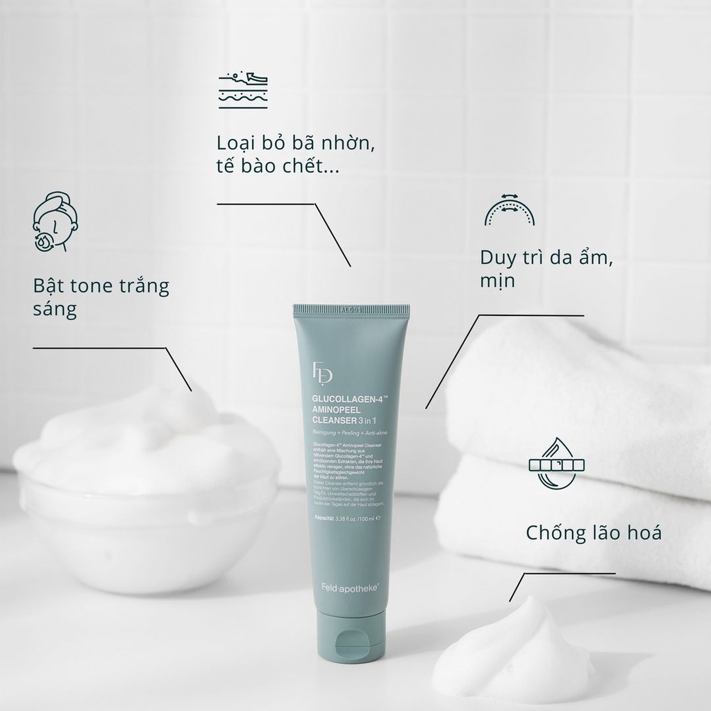 Sữa sửa mặt thanh tẩy 3IN1 Glucollagen-4 Aminopeel Cleanser 3IN1 tẩy tế bào chết, làm sạch bã .nhờn, bụi bẩn và cấp ẩm