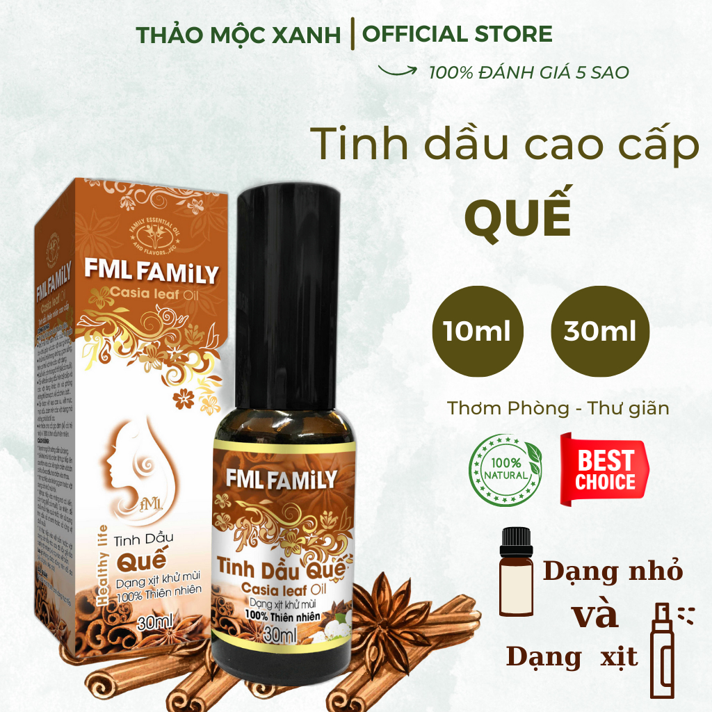 Tinh dầu quế nguyên chất 100%Thảo Mộc Xanh. Có dạng xịt khử mùi hôi chân hiệu quả.Chứng nhận an toàn y tế