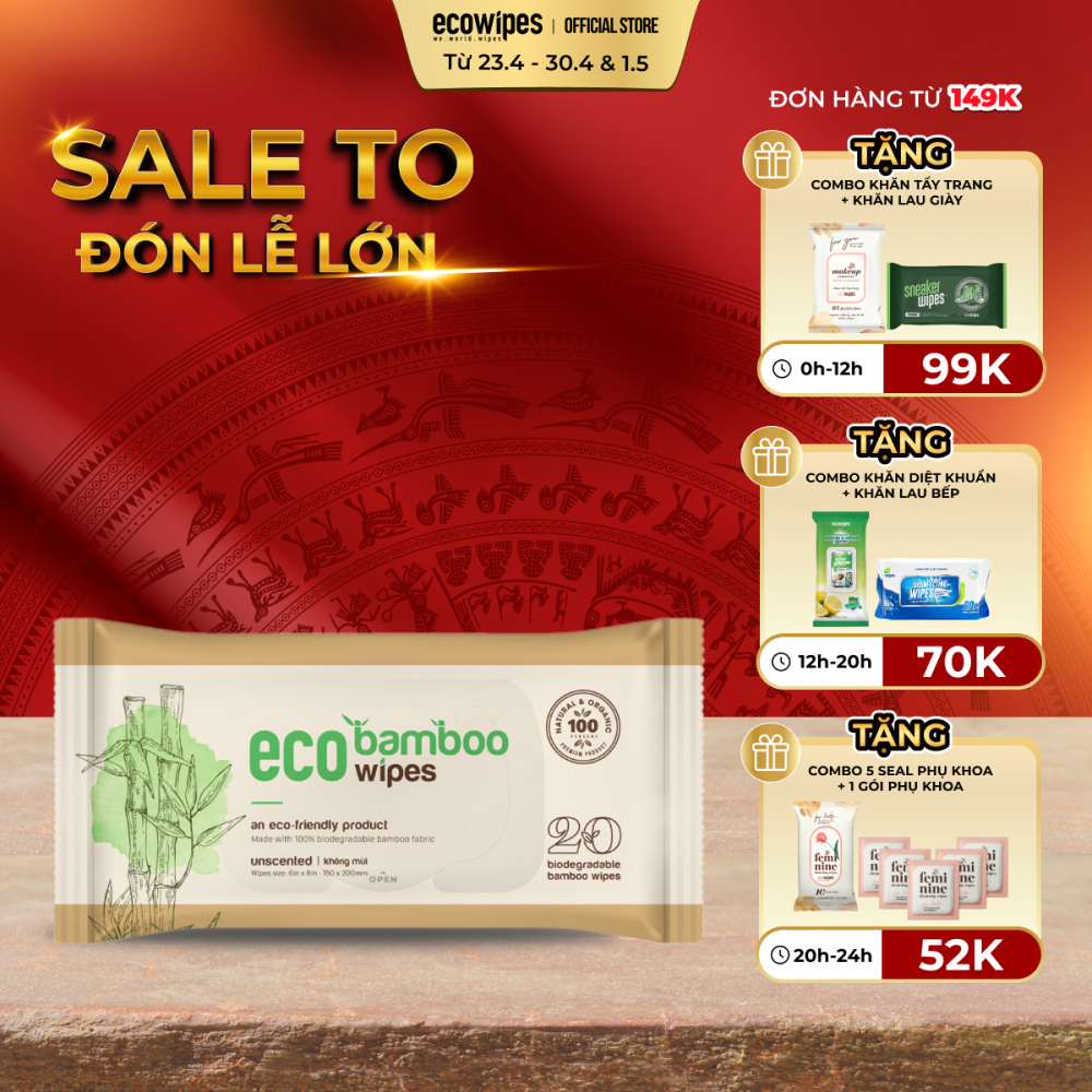 Khăn giấy ướt cao cấp EcoWipes Bamboo gói 20 tờ vải sợi tre sinh thái không mùi có thể phân hủy trong môi trường