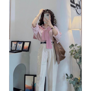 Áo sơ mi kẻ sọc form oversize vintage, style Korea, sơ mi kèm khăn Korea cá tính Bànana chất linen