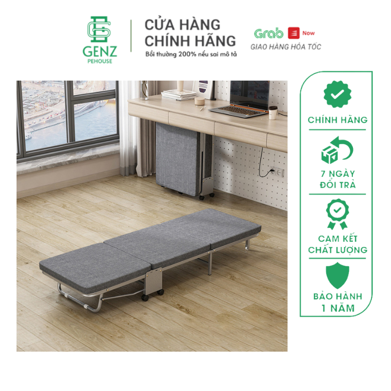 Giường gấp văn phòng gấp gọn thông minh có bánh xe Giường ngủ đơn thư giãn cao cấp kết cấu khung sắt Genz Pehouse