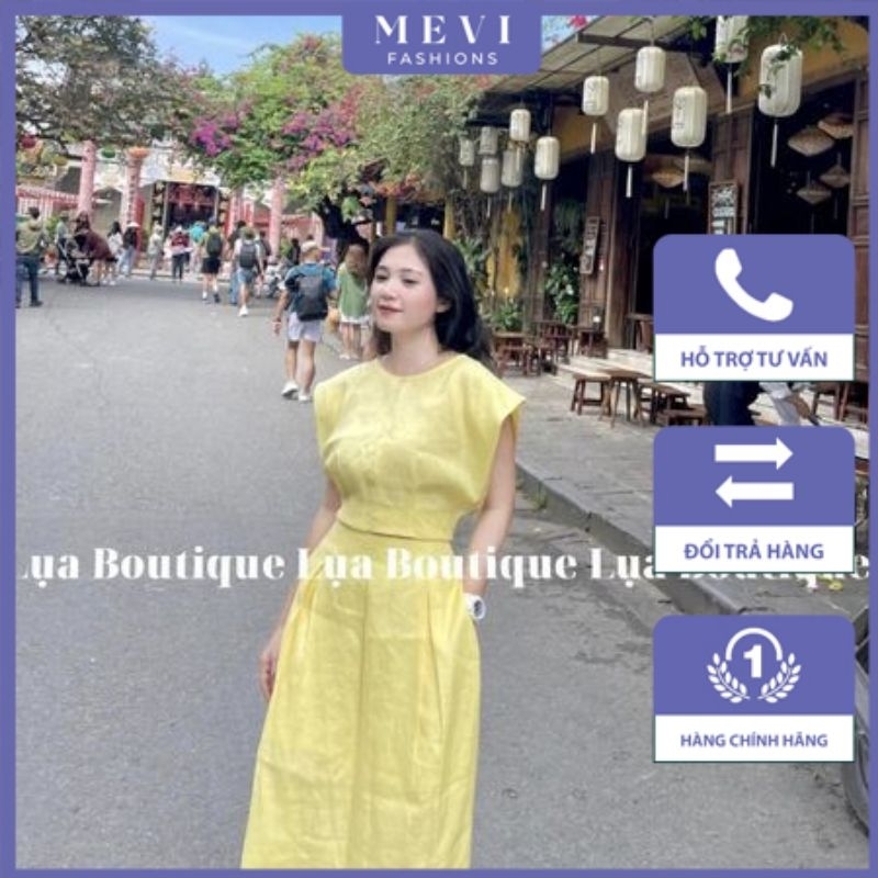 Set bộ áo croptop màu vàng nhạt tay cánh rơi phối chân váy dài chất liệu linen cao cấp mềm mại_S5049