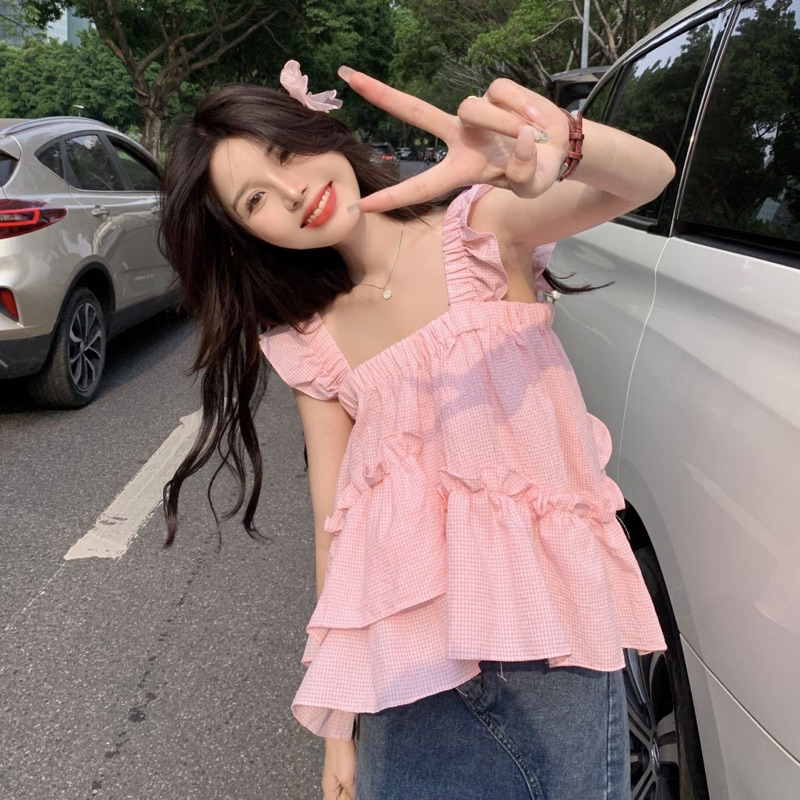 Áo Baby Doll Caro Xếp Tầng Lệch, Phong Cách Korean