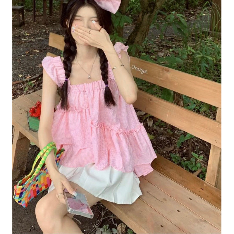 Áo Baby Doll Caro Xếp Tầng Lệch, Phong Cách Korean