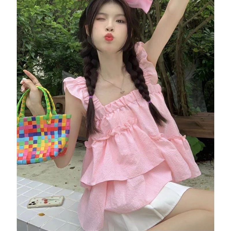 Áo Baby Doll Caro Xếp Tầng Lệch, Phong Cách Korean
