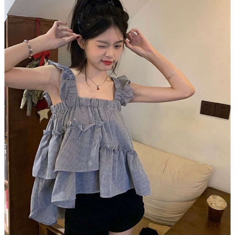 Áo Baby Doll Caro Xếp Tầng Lệch, Phong Cách Korean
