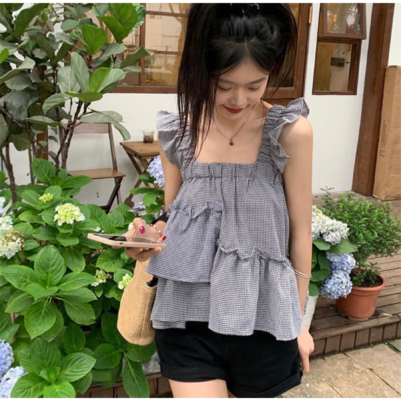 Áo Baby Doll Caro Xếp Tầng Lệch, Phong Cách Korean