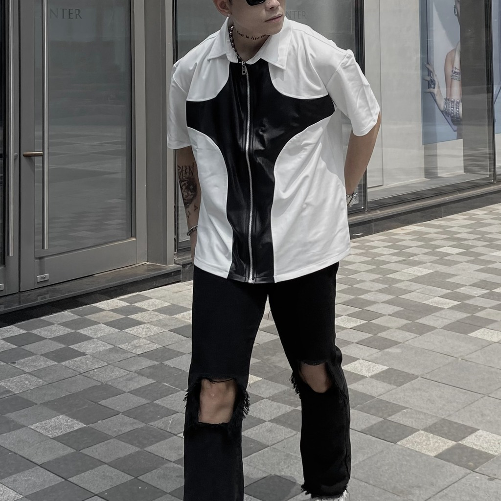 Áo sơ mi nam Luxus chất liệu thun da, Áo sơ mi cộc tay local brand Steve