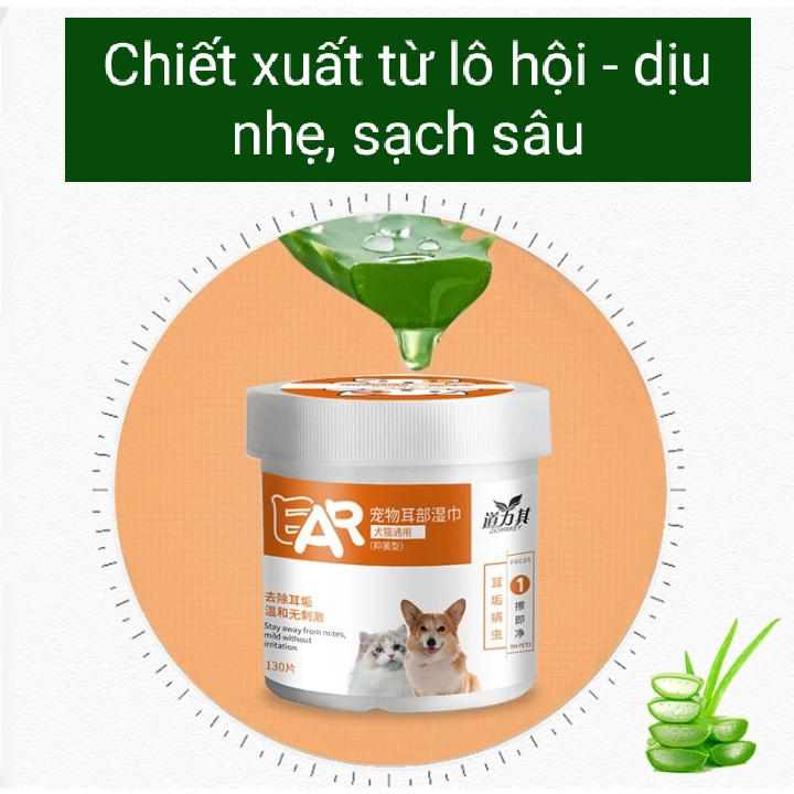 130 cái/hộp khăn lau mắt/tai cho thú cưng ,  Khăn lau lô hội, khăn lau vệ sinh vệ sinh mắt, vệ sinh vết rách thú cưng.