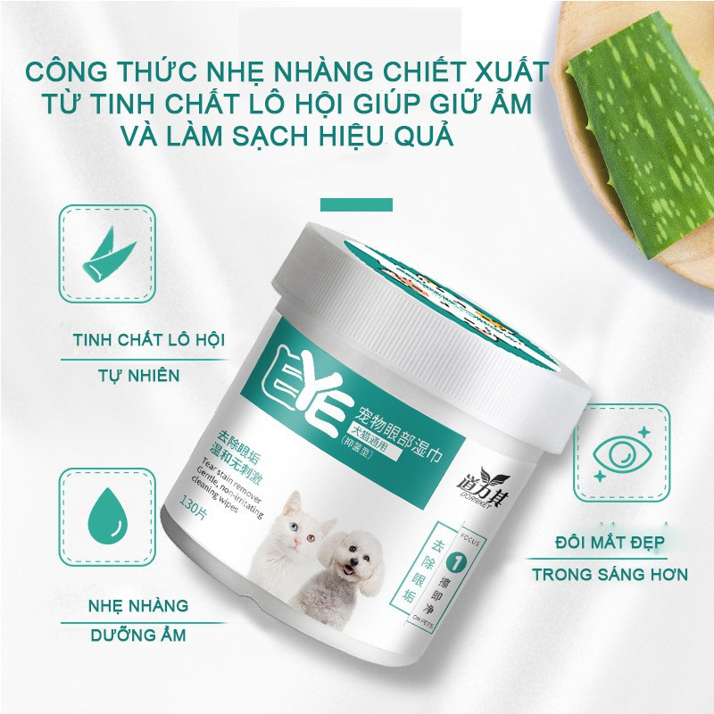 130 cái/hộp khăn lau mắt/tai cho thú cưng ,  Khăn lau lô hội, khăn lau vệ sinh vệ sinh mắt, vệ sinh vết rách thú cưng.