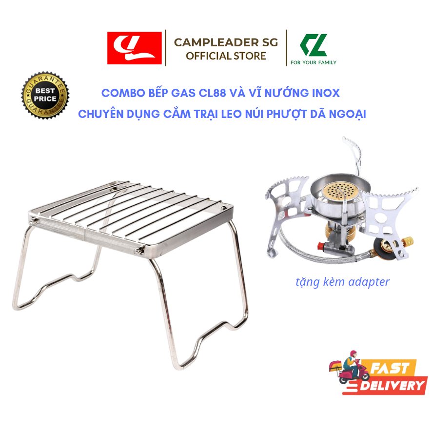 Combo Bếp gas CL88 và Vỉ nướng VP38 bằng inox chuyên dụng cắm trại, phượt, leo núi, dã ngoại - Campleader SG