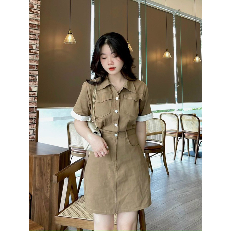 Váy nâu cúc liền pha tay