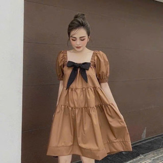 Đầm bầu dáng ngắn kem đậm nơ to trước ngực