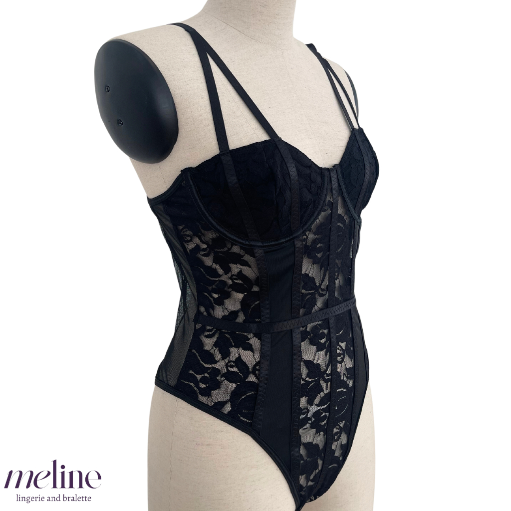 Bodysuit Áo Liền Thân Ren Hoa Cao Cấp Dáng Corset Dahlia Đen Meline | BigBuy360 - bigbuy360.vn