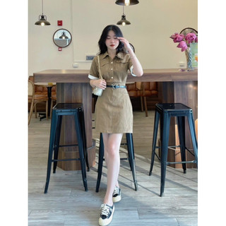 Váy nâu cúc liền pha tay