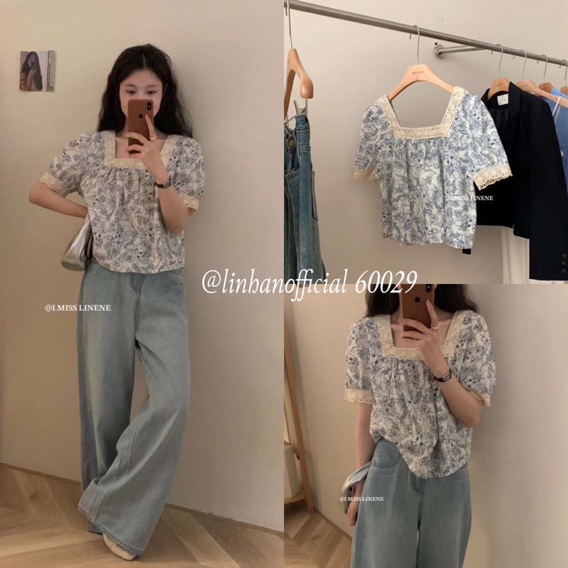 Áo sơ mi hoa cổ U pha ren I Miss Linene 60029 (Hàng có sẵn)🇰🇷