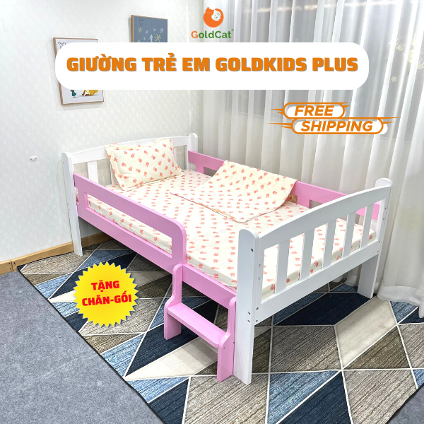 Giường Ghép Cho Bé Goldkids Plus Hồng Thiết Kế Cầu Thang Chất Liệu Gỗ Quế Tự Nhiên, An Toàn, Dùng Từ 3-15Y-GOLDCAT PK02