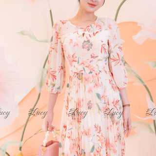 Đầm xoè Vose 7383 voan hoa xếp ly tay lửng váy Lucy