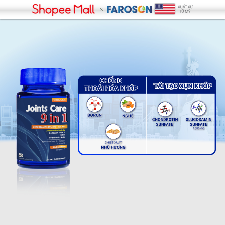 Viên uống Glucosamine xương khớp Faroson Joints Care 9 in 1 hộp 60 viên