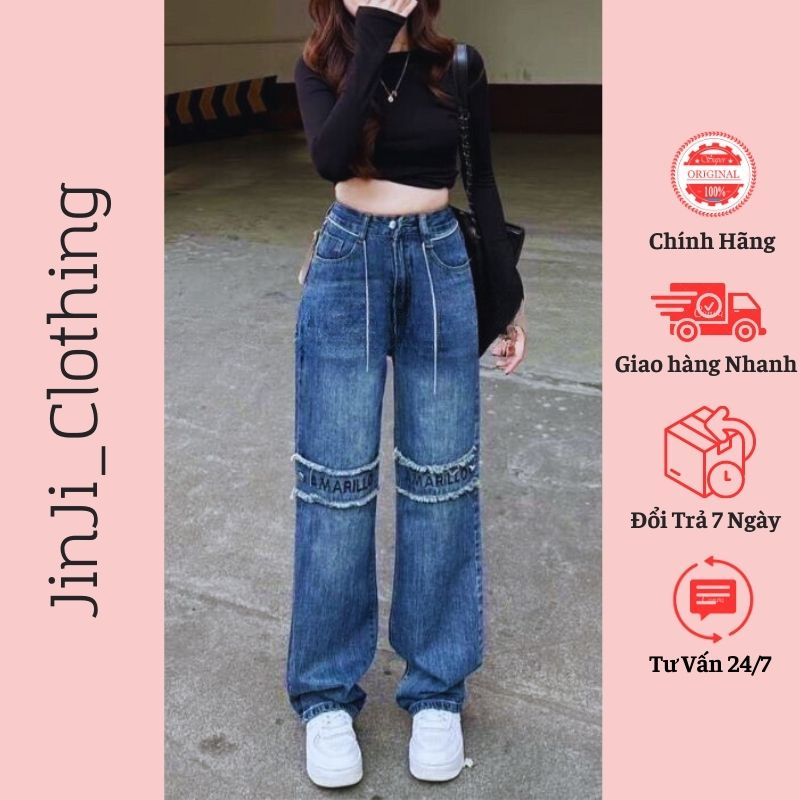 Quần Bò Nữ Ống Suông Dáng Cao Thêu Chữ, Quần Jeans Cao Cấp Vải Jean Dày Đẹp Ống Rộng Phong Cách Độc Đáo Cute Hàn Quốc