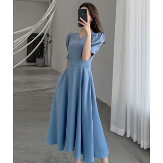 Đầm xanh cổ V dáng dài công sở