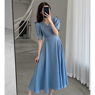 Đầm xanh cổ V dáng dài công sở