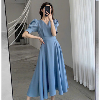 Đầm xanh cổ V dáng dài công sở