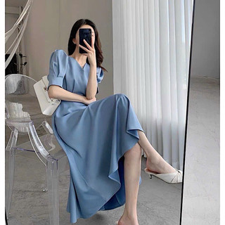 Đầm xanh cổ V dáng dài công sở