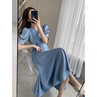 Đầm xanh cổ V dáng dài công sở