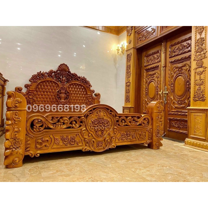 Giường Ngủ Hoàng Gia Mẫu Hoa Hồng Siêu Vip Gỗ Gõ Đỏ kt 1m8x 2m