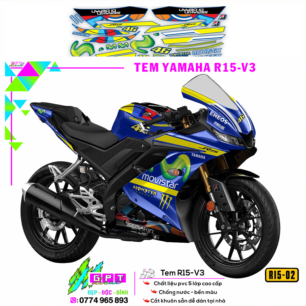 Tem Dán Xe R15V3 Mẫu Special I02I Decal Xe R15v3 Yamaha Cao Cấp Chống Nước Bền Màu , Cắt Rời Sẵn Dễ Dán Tại Nhà