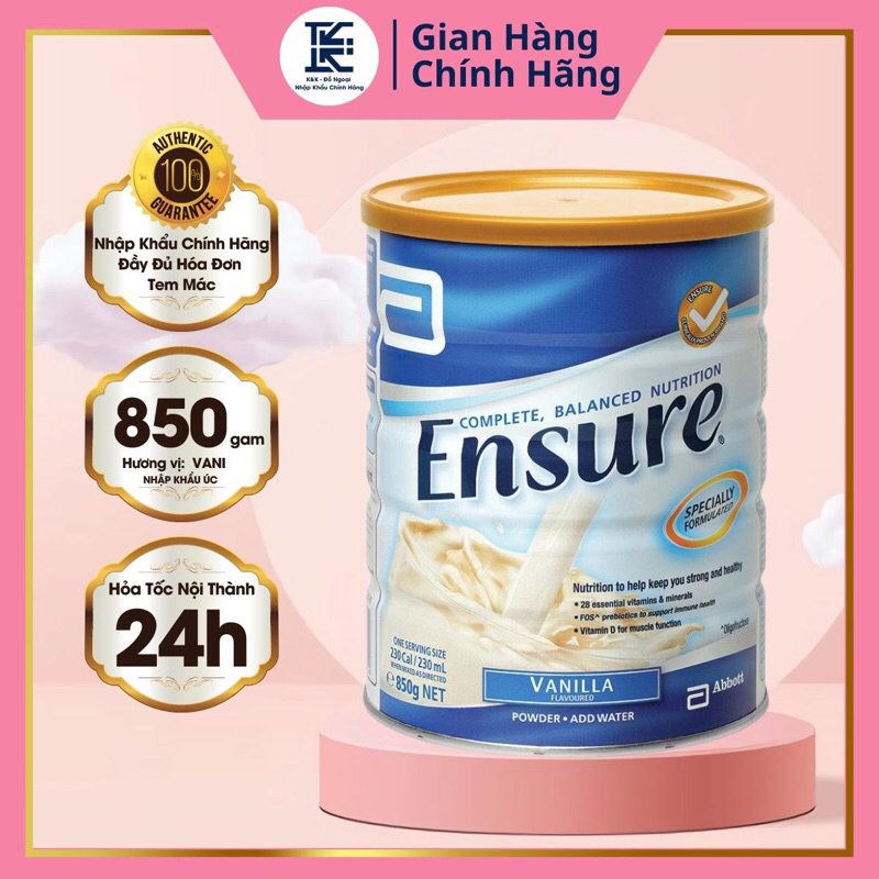 Sữa bột Ensure Úc 850g hương Vanilla dành cho người già người suy nhược cơ thể