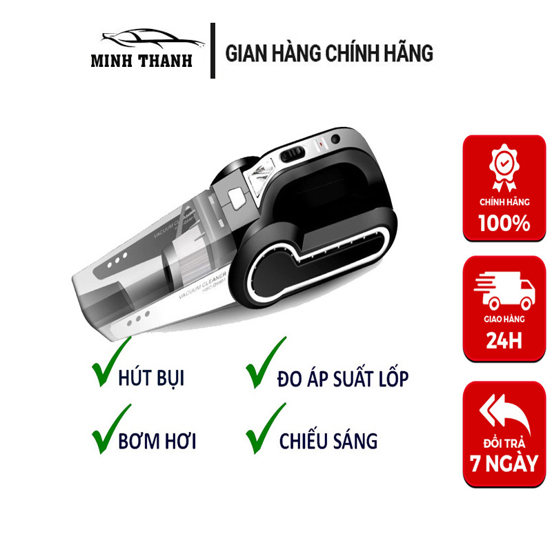 Máy Hút Bụi Ô Tô - Máy Bơm Lốp Ô Tô Đa Năng 4 Trong 1 - Hút Bụi, Bơm Lốp, Đo Áp Suất Lốp, Đèn Pin Chiếu Sáng