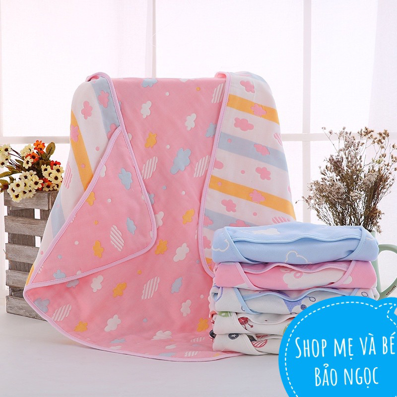 Chăn  choàng xô cho bé 6 lớp cotton muslin họa tiết 2 mặt 110x110cm