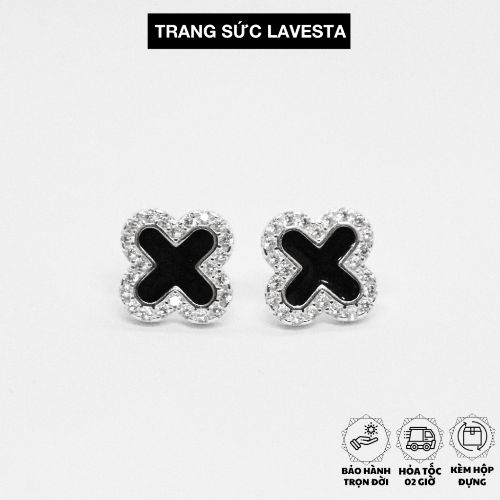 Bông tai bạc nữ nguyên chất phối trắng đen cá tính SUN173 LAVESTA thanh lịch, nữ tính