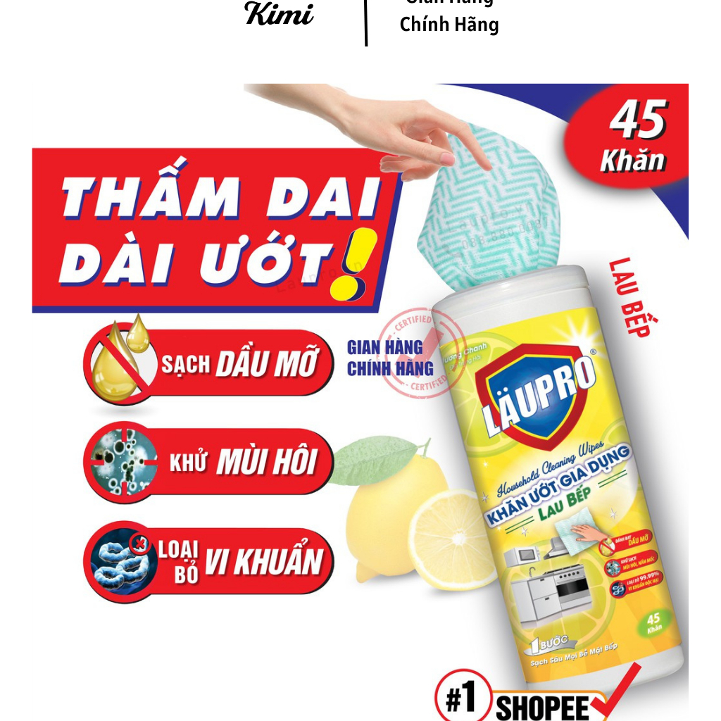 Khăn Ướt LAU BẾP LAUPRO,  Bay Dầu Mỡ Mùi Hôi Tanh, Diệt Khuẩn - Kimi Com